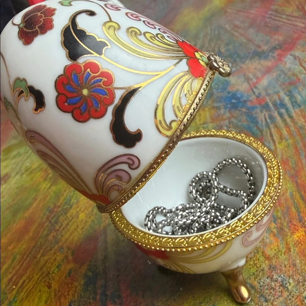 Vintage Hinged Egg Shaped Footed Floral Trinket Box Parcelain W. Gold Trim Snap